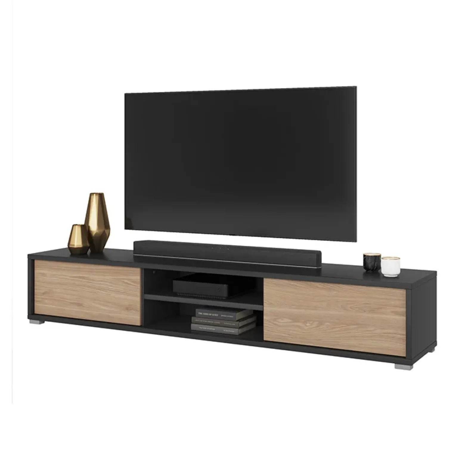 Mobile TV soggiorno sospeso 180x32h cm 2 ante a ribalta 2 vani rovere grigio Glem