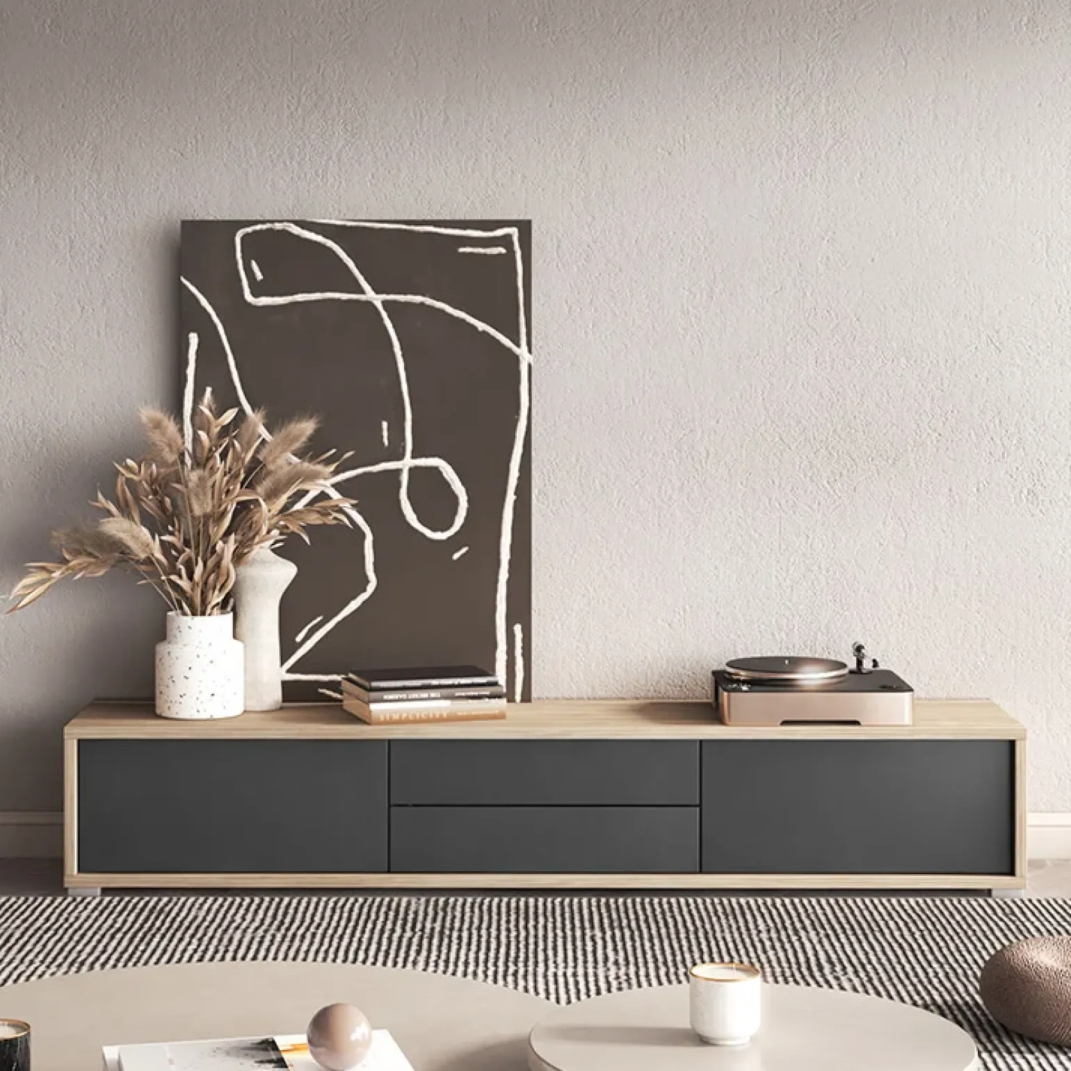 Mobile TV soggiorno sospeso 180x32h cm 2 ante a ribalta 2 cassetti antracite rovere Glem