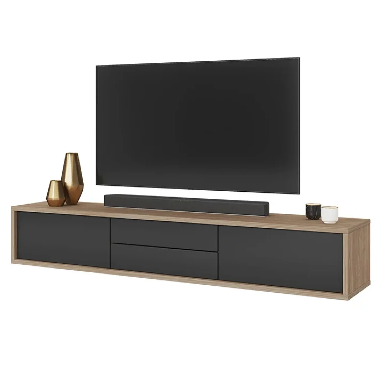 Mobile TV soggiorno sospeso 180x32h cm 2 ante a ribalta 2 cassetti antracite rovere Glem