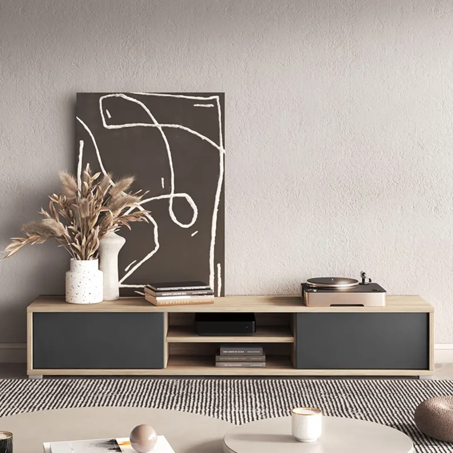 Mobile TV soggiorno sospeso 180x32h cm 2 ante a ribalta 2 vani antracite rovere Glem