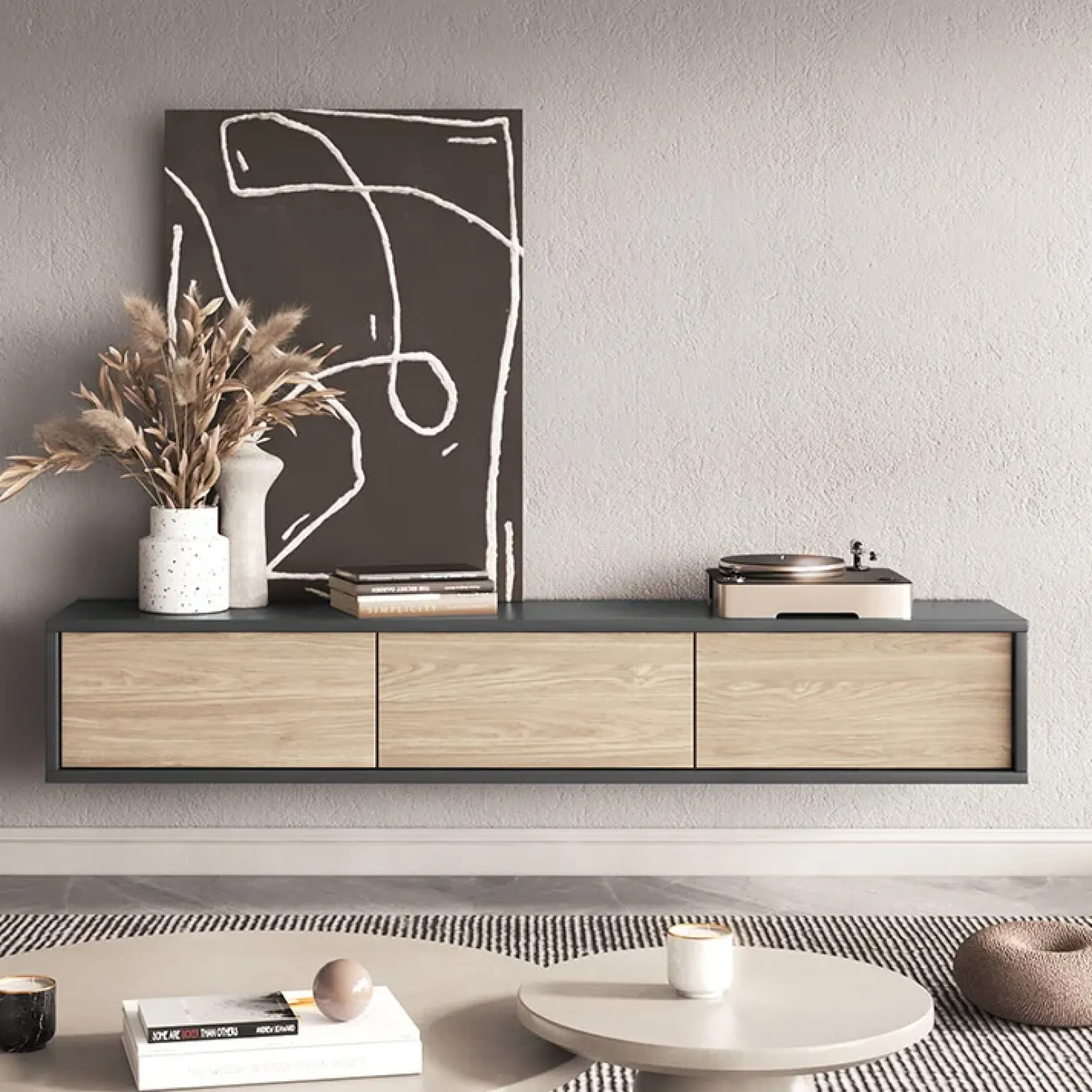 Mobile TV soggiorno sospeso 180x32h cm 3 ante a ribalta rovere grigio Glem