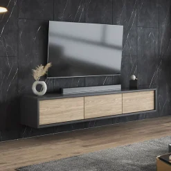 Mobile TV soggiorno sospeso 180x32h cm 3 ante a ribalta rovere grigio Glem