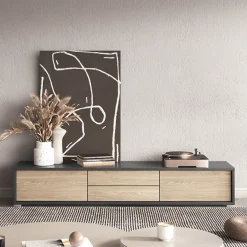 Mobile TV soggiorno sospeso 180x32h cm 2 ante a ribalta 2 cassetti  rovere grigio Glem