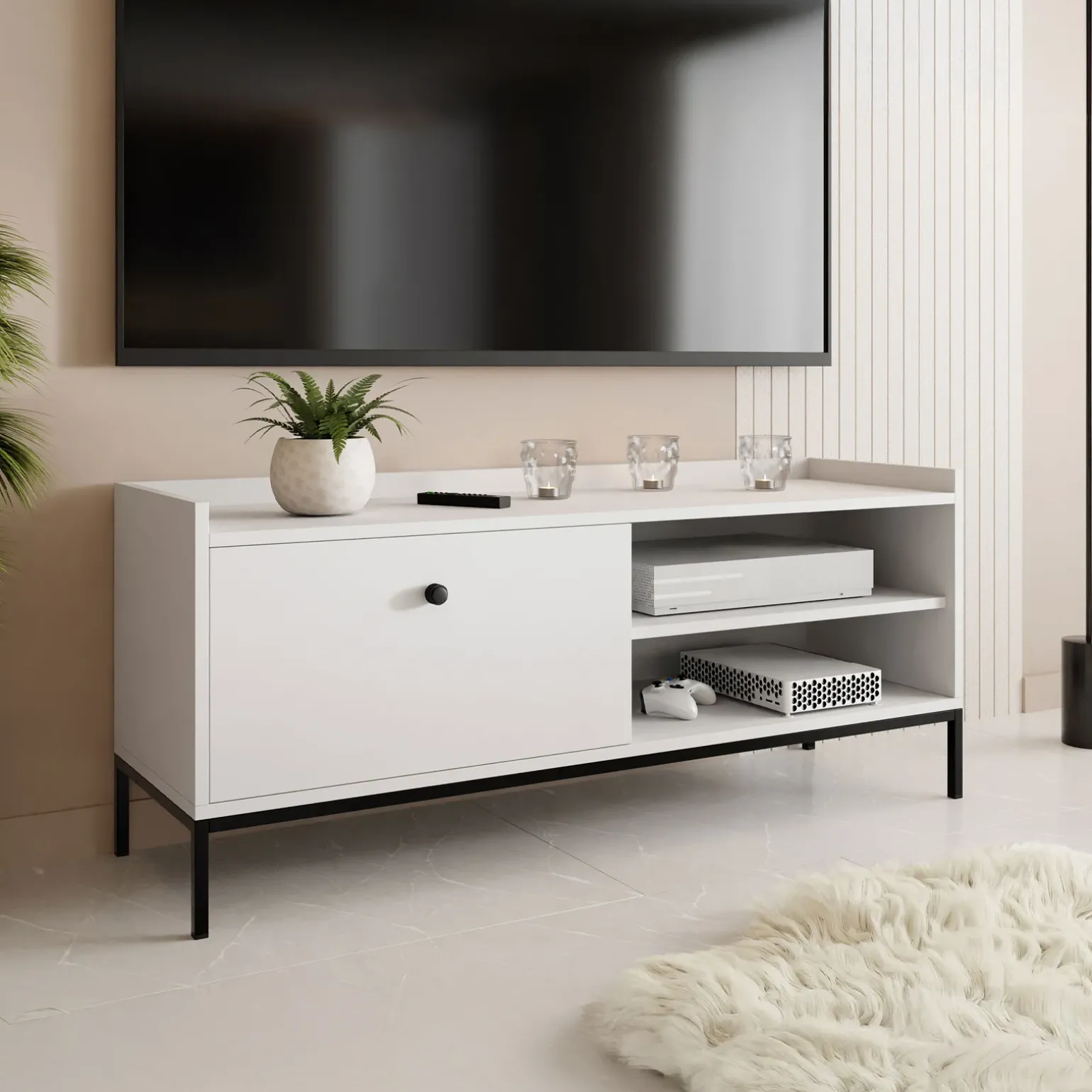 Mobile TV 140x55h cm design moderno bianco Pollon