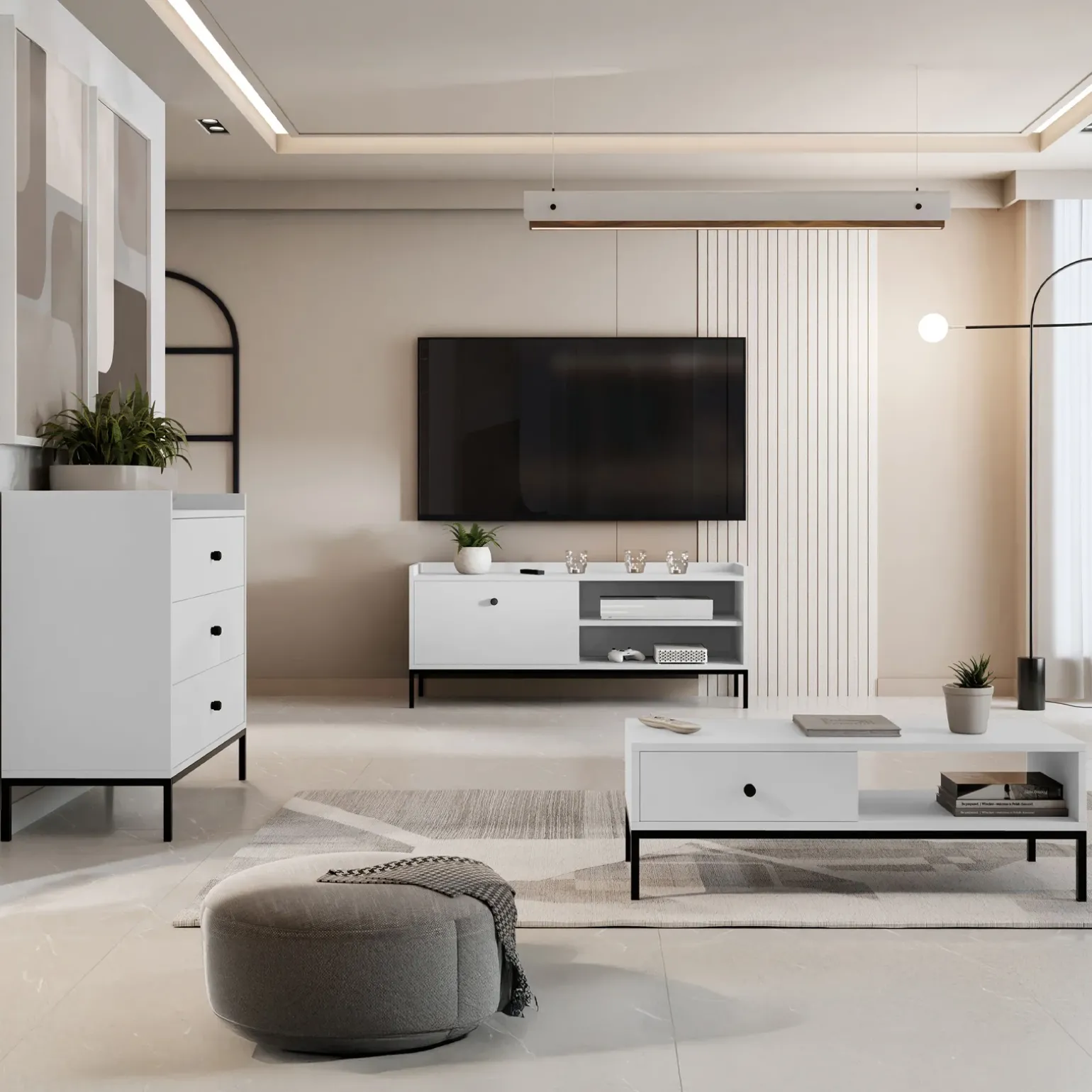 Mobile TV 140x55h cm design moderno bianco Pollon