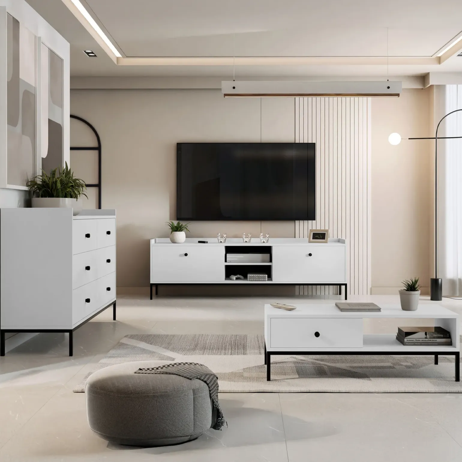 Mobile TV 180x55h cm design moderno bianco Pollon