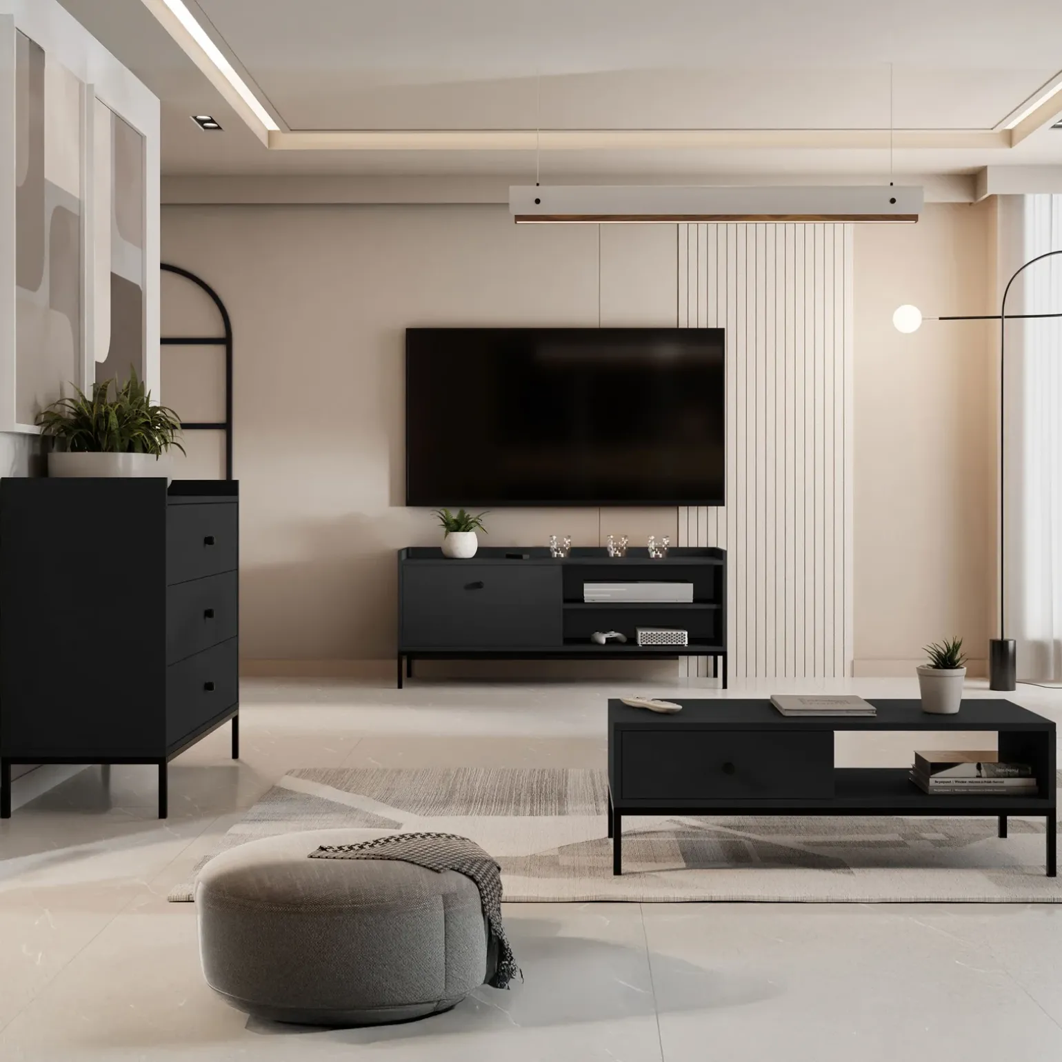 Mobile TV 140x55h cm design moderno nero Pollon