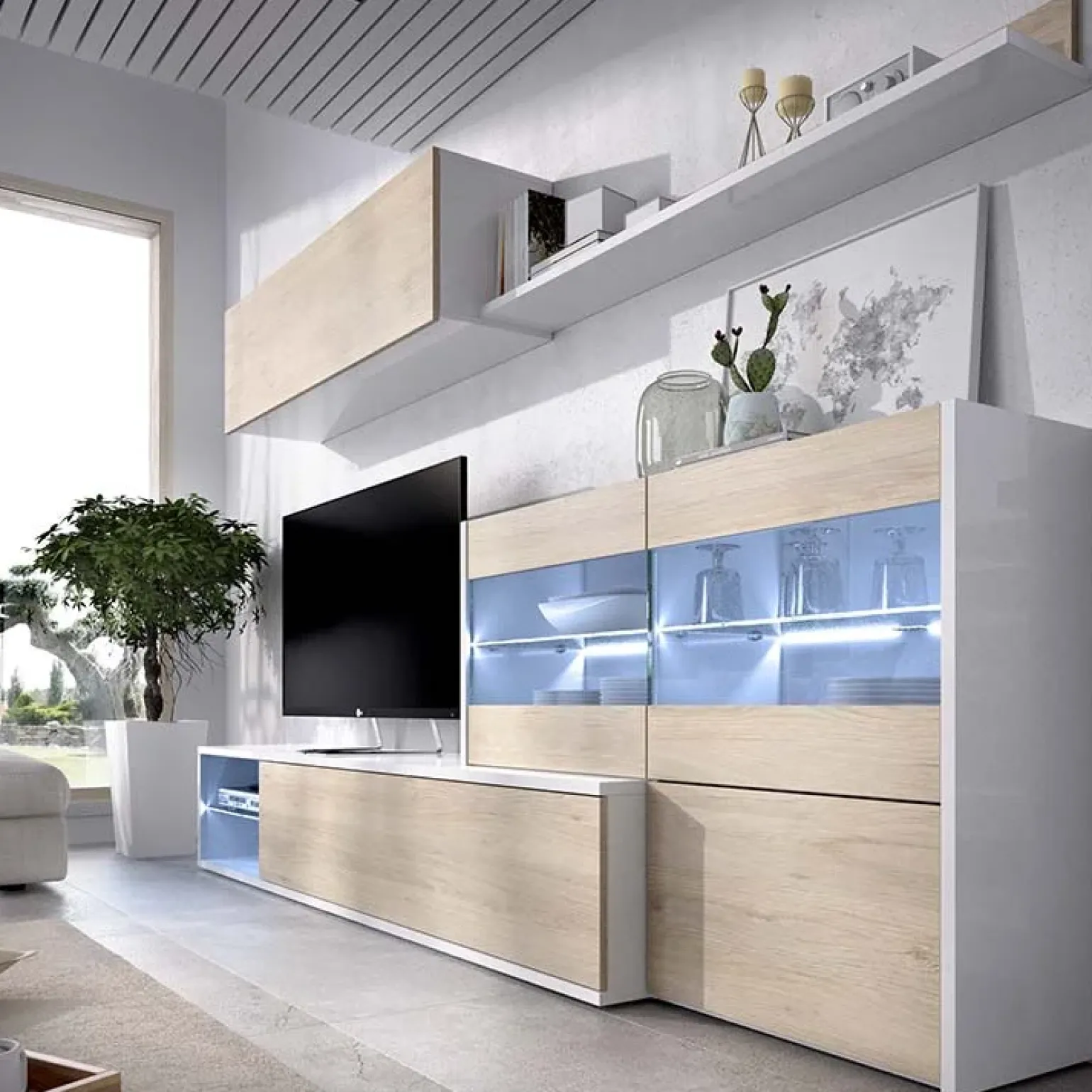 Parete attrezzata componibile 260x175h cm rovere bianco lucido Emily