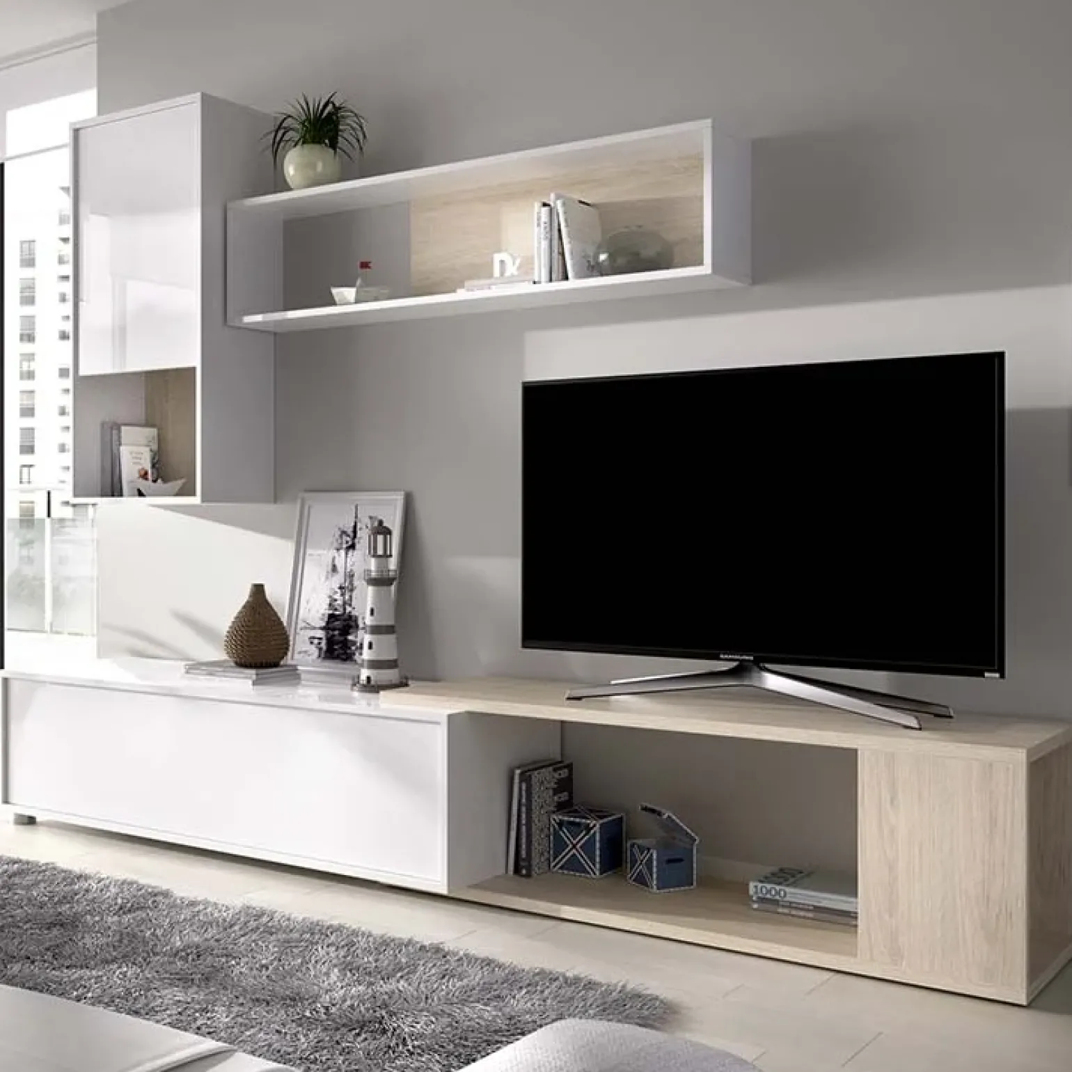 Parete attrezzata componibile 260x190h cm rovere bianco lucido Flip