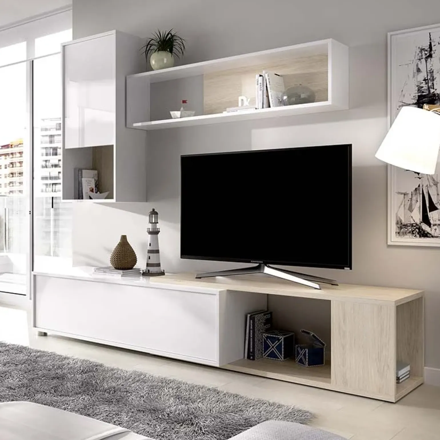 Parete attrezzata componibile 260x190h cm rovere bianco lucido Flip