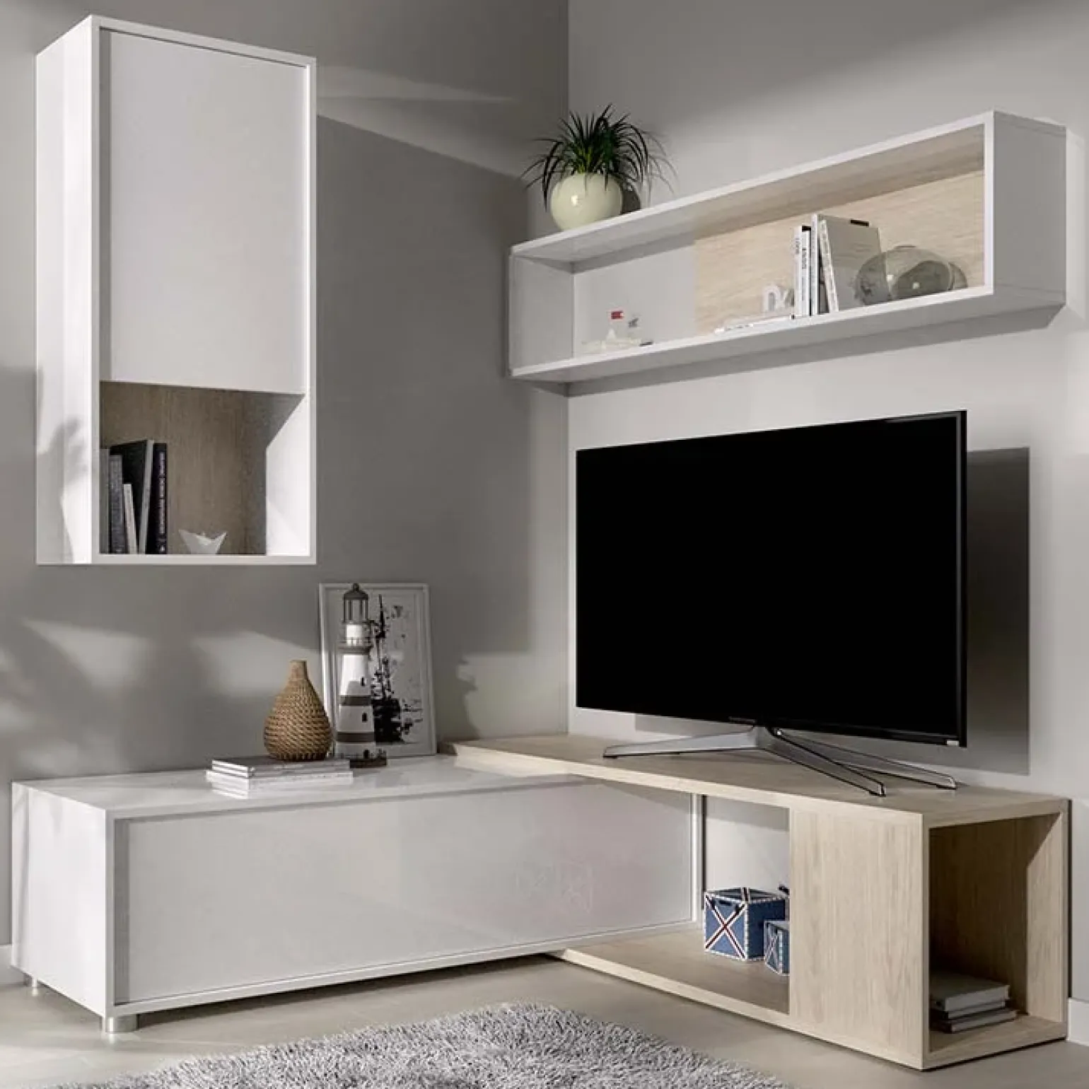 Parete attrezzata componibile 260x190h cm rovere bianco lucido Flip