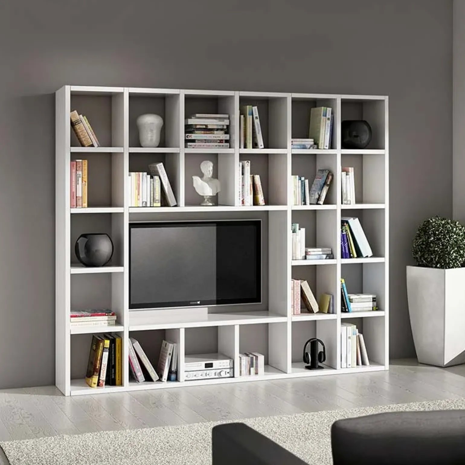 Parete attrezzata libreria 261x218h cm componibile moderna bianco frassinato Kubic 05