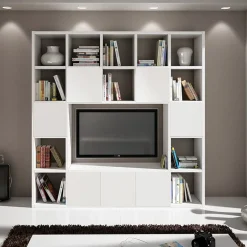 Parete attrezzata libreria 218x218h cm componibile moderna bianco frassinato Kubic 12