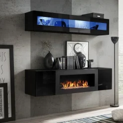 Parete attrezzata sospesa 160x150h cm con biocamino nero e vetrina N Gihome®