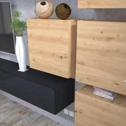 Parete attrezzata sospesa 300x210h cm nero lucido rovere Tempus