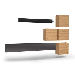Parete attrezzata sospesa 300x210h cm nero lucido rovere Tempus