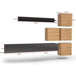 Parete attrezzata sospesa 300x210h cm nero lucido rovere Tempus