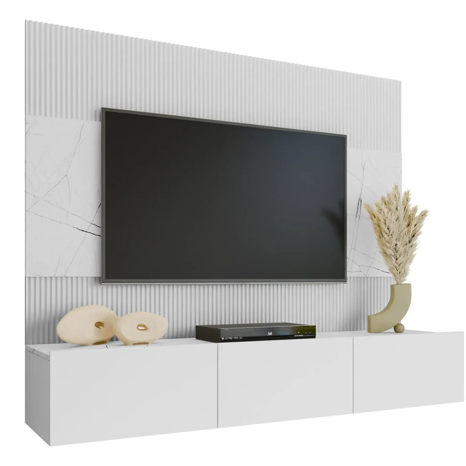 Parete attrezzata sospesa 180x150h cm 3 ante bianco cannettato effetto marmo Ilaria