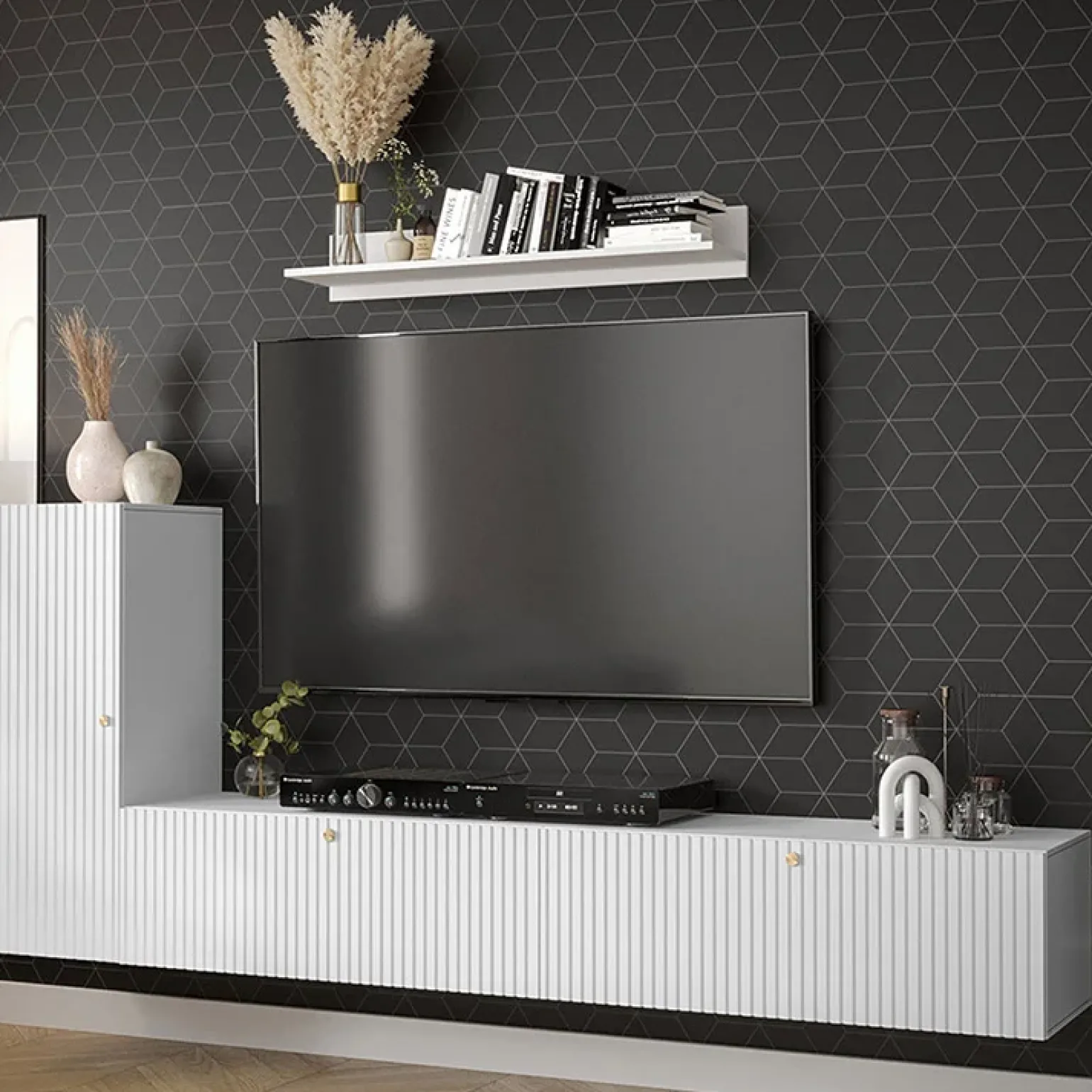 Parete attrezzata sospesa 134x175h cm moderna bianco Kiruna