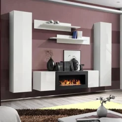 Parete attrezzata sospesa 260x170h cm con biocamino bianco M Gihome®
