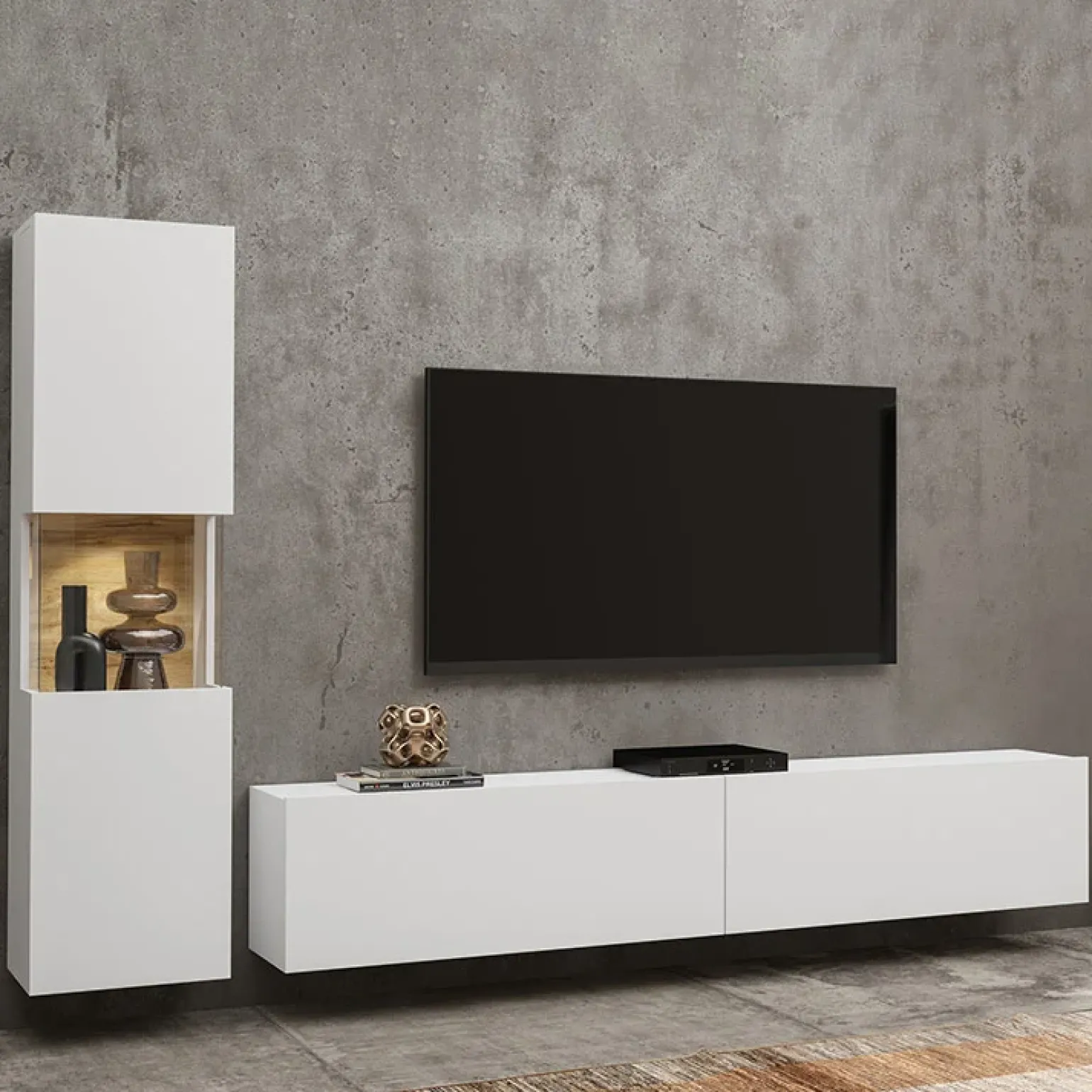 Parete attrezzata sospesa 226x140h cm bianco rovere Fusion 1