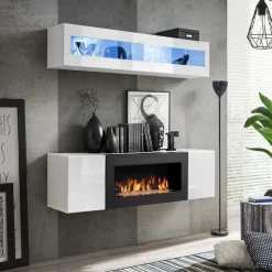 Parete attrezzata sospesa 160x150h cm con biocamino e vetrina bianco N Gihome®