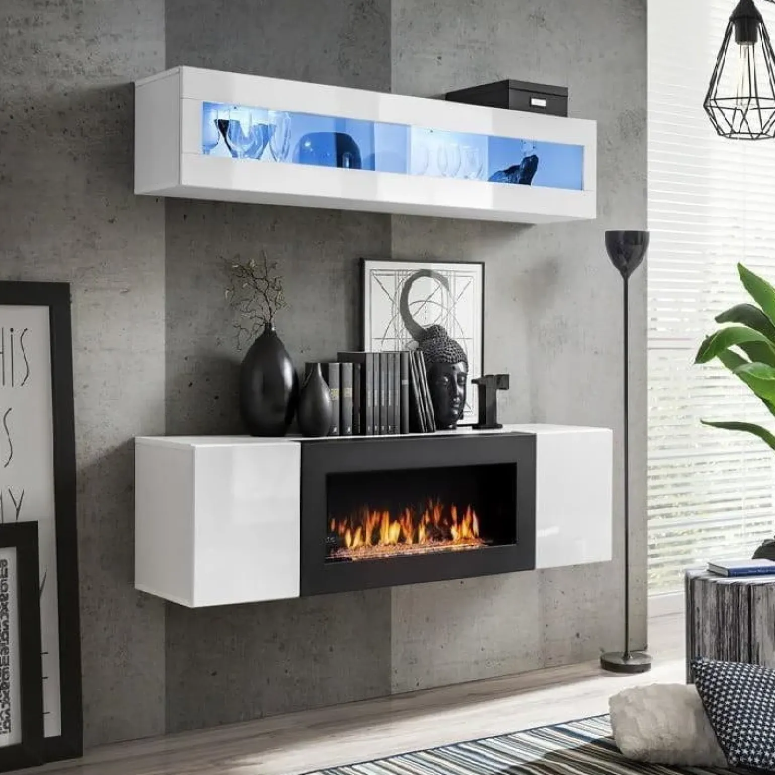 Parete attrezzata sospesa 160x150h cm con biocamino e vetrina bianco N Gihome®