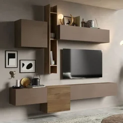 Parete attrezzata sospesa 262x220h cm marrone bronzo  rovere scuro Sunset 12