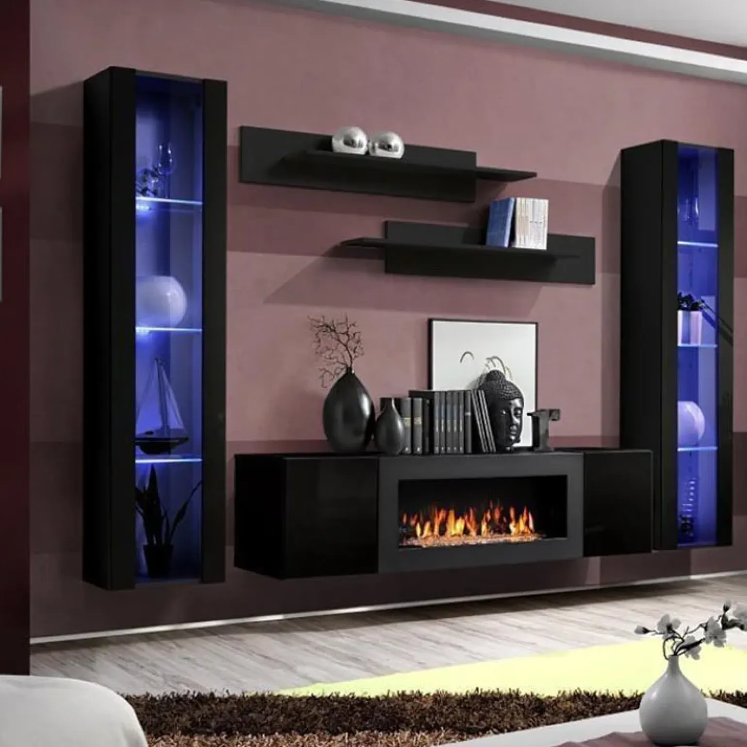 Parete attrezzata sospesa 260x170h cm con biocamino e vetrine intere nero M Gihome®
