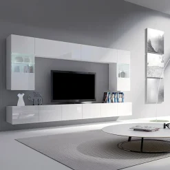 Parete attrezzata sospesa 300x185h cm porta tv con vetrine bianco lucido Mons