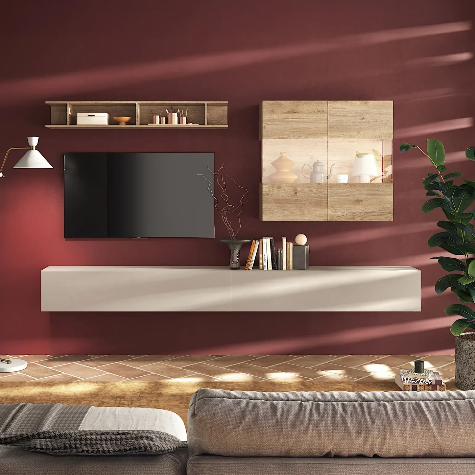 Parete attrezzata sospesa 276x202h cm moderna beige rovere chiaro Sunset 70
