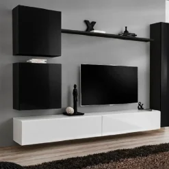 Parete attrezzata sospesa 280x180h cm moderna bianco e nero lucido Geo 07