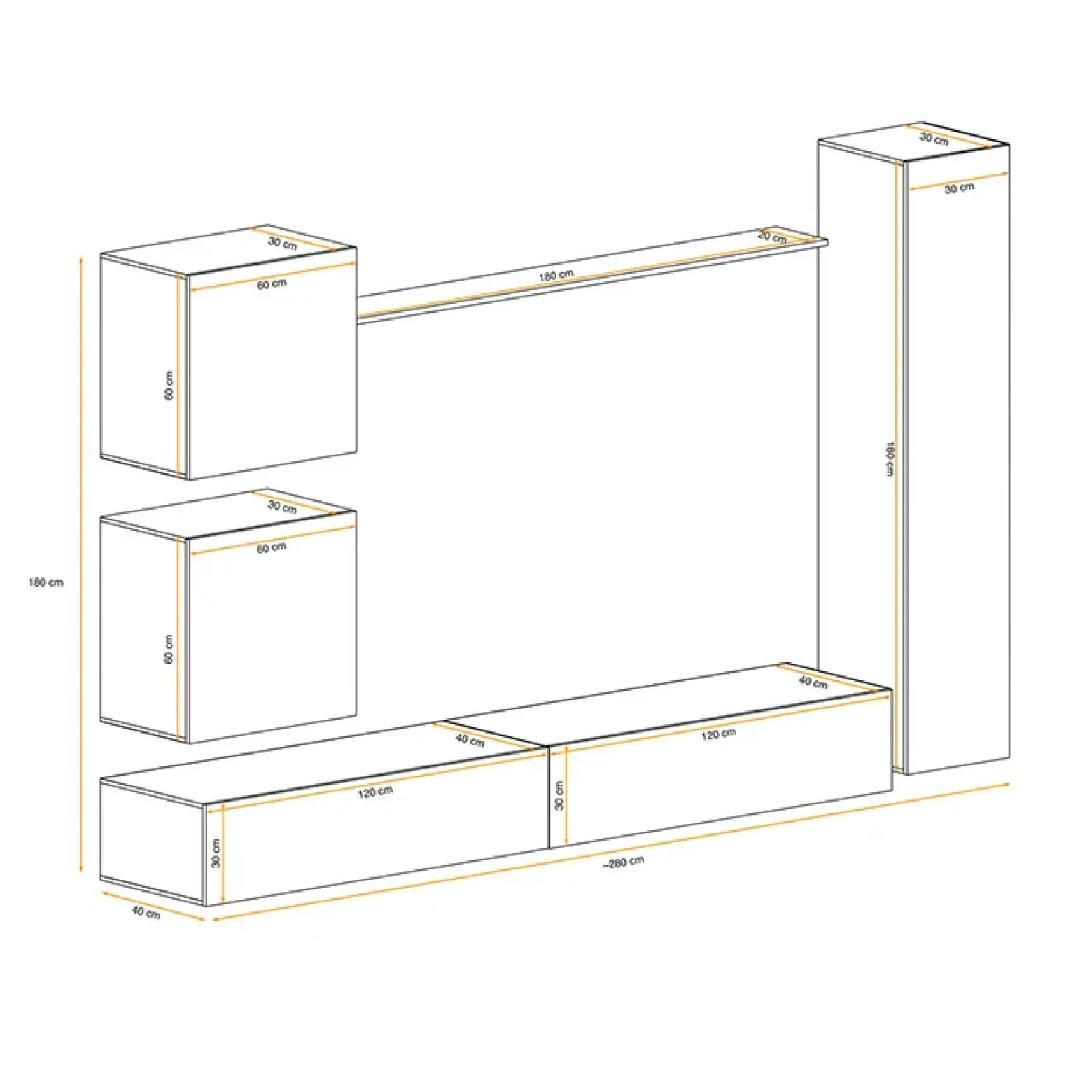 Parete attrezzata sospesa 280x180h cm moderna bianco e nero lucido Geo 07