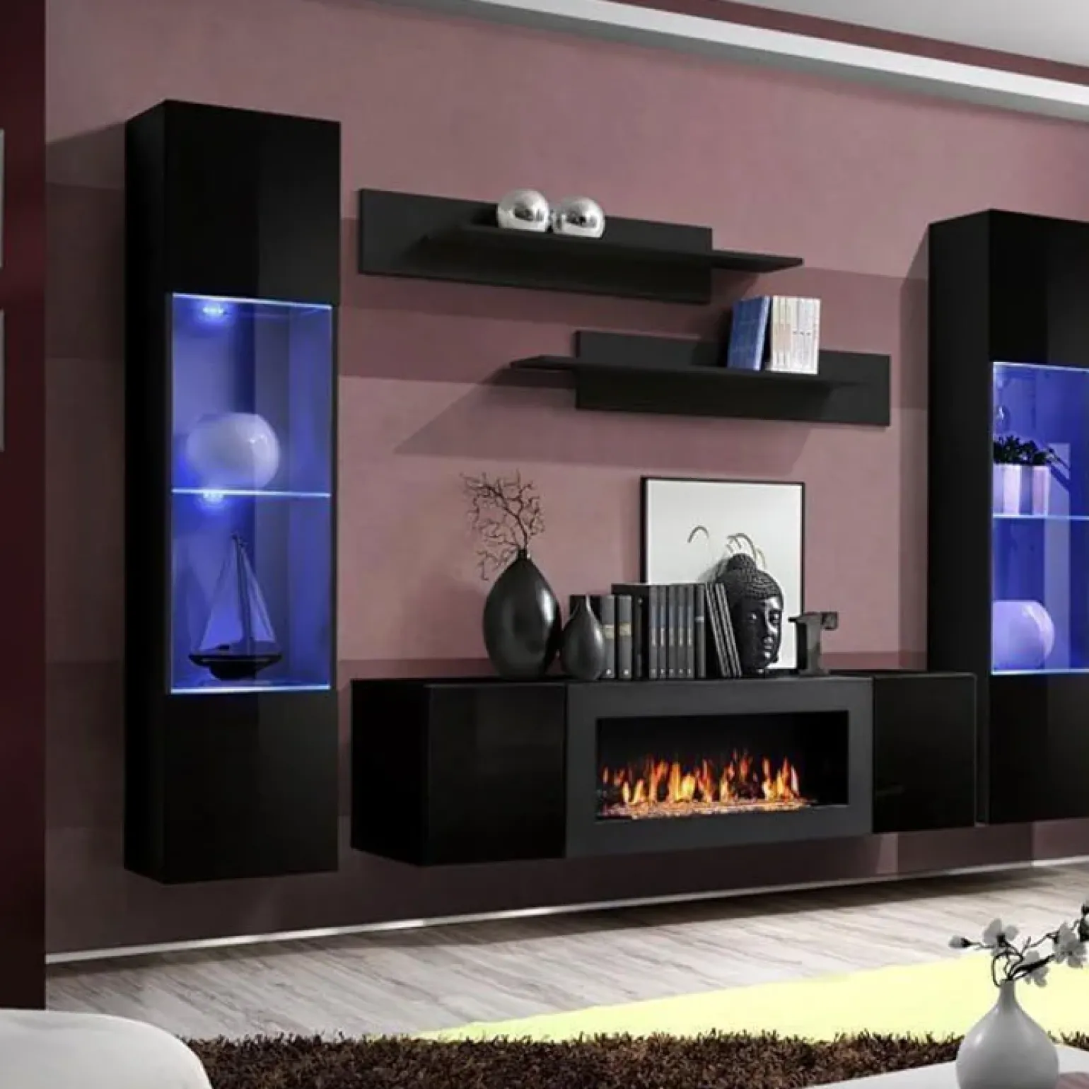 Parete attrezzata sospesa 260x170h cm con biocamino e vetrine nero M Gihome®