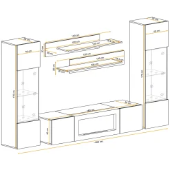 Parete attrezzata sospesa 260x170h cm con biocamino e vetrine nero M Gihome®