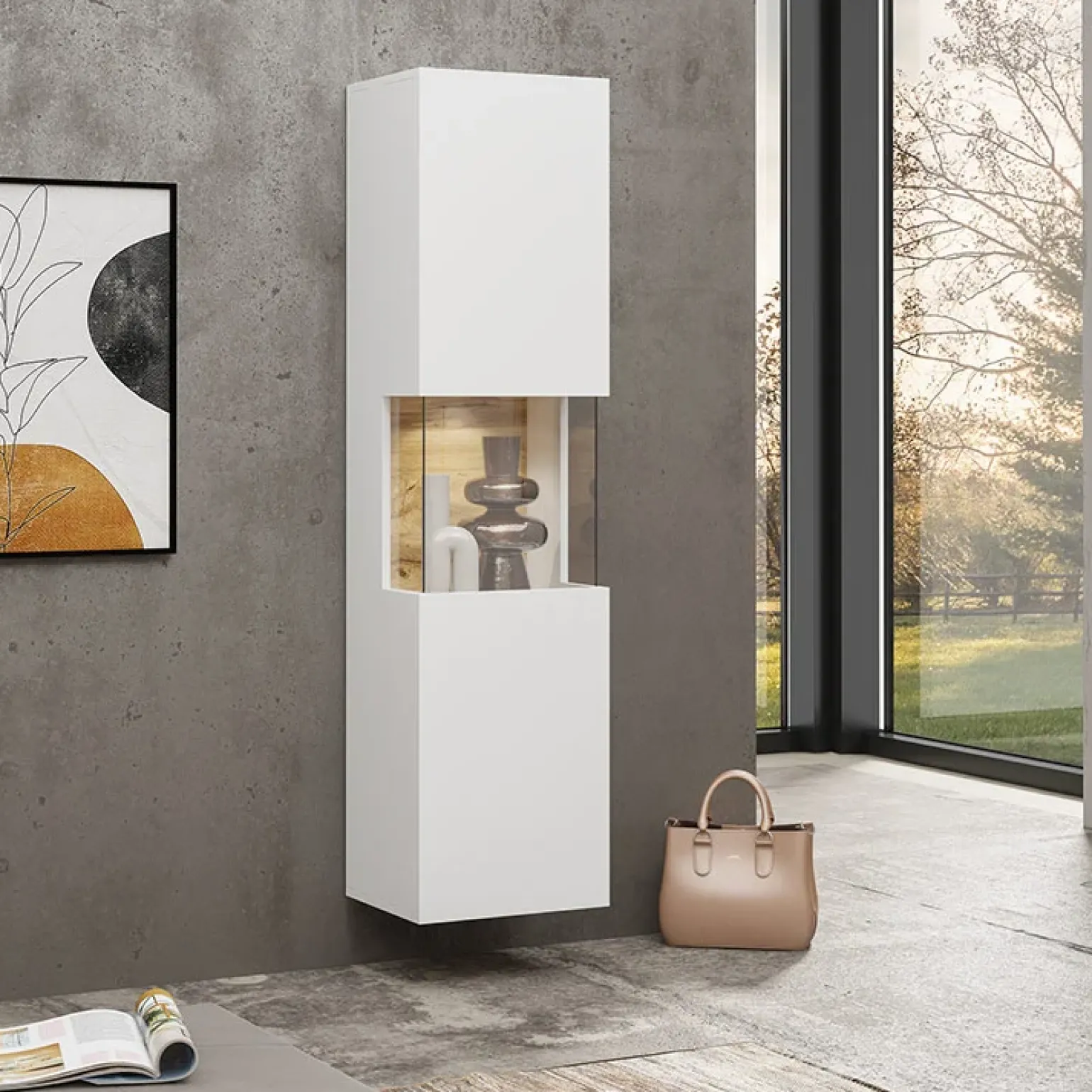 Parete attrezzata sospesa 226x140h cm bianco rovere Fusion 2