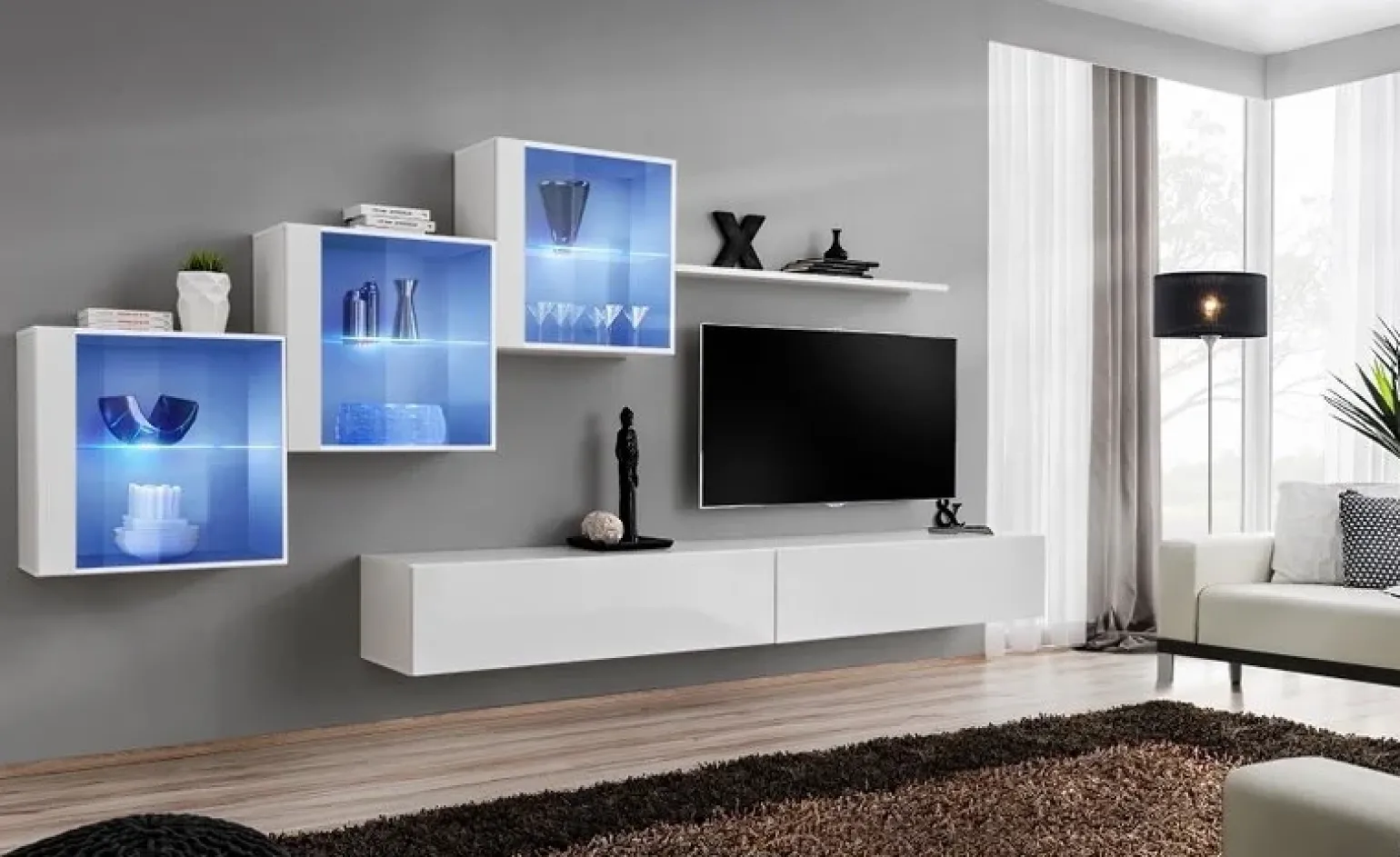 Parete attrezzata sospesa 330x160h cm moderna bianco opaco e lucido Geo 17