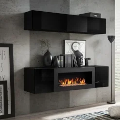 Parete attrezzata sospesa con biocamino 160x150h cm nero opaco e lucido N Gihome®