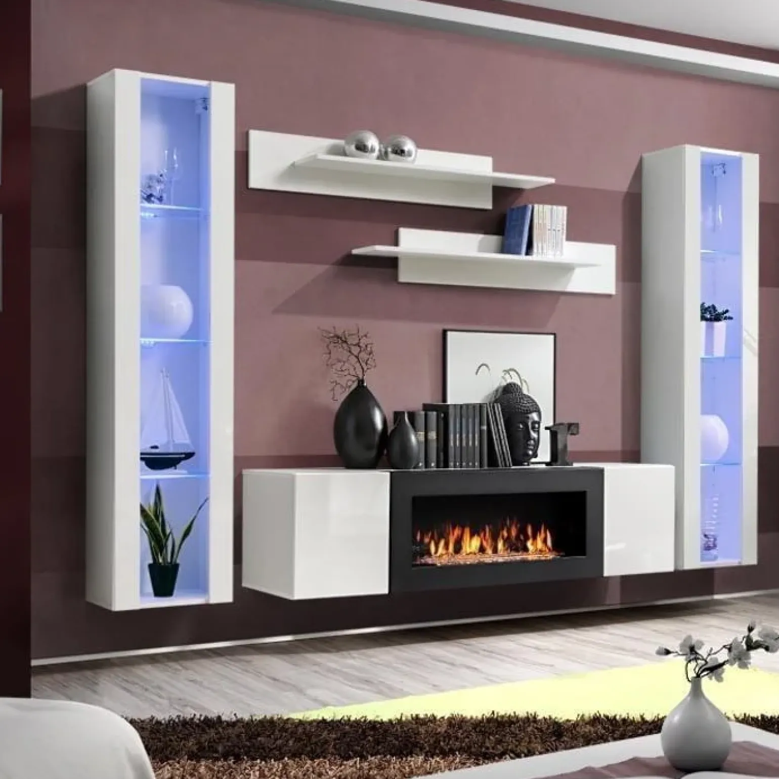Parete attrezzata sospesa 260x170h cm con biocamino e vetrine intere bianco lucido M Gihome®