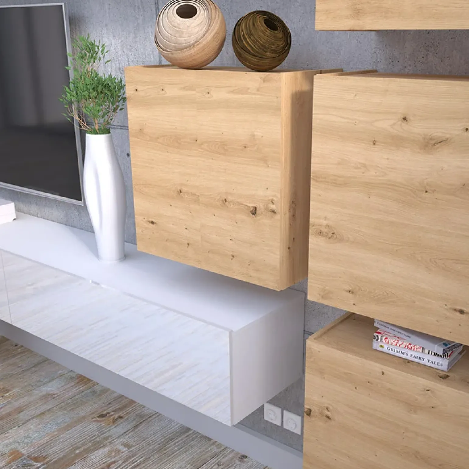 Parete attrezzata sospesa 300x210h cm bianco lucido rovere Tempus