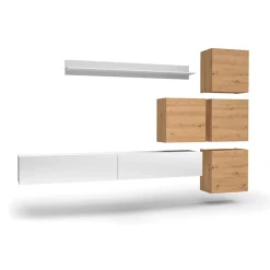 Parete attrezzata sospesa 300x210h cm bianco lucido rovere Tempus