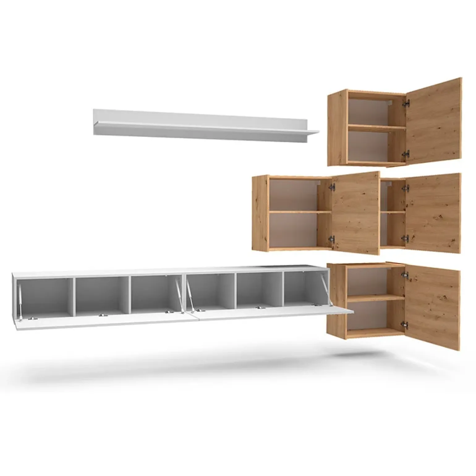 Parete attrezzata sospesa 300x210h cm bianco lucido rovere Tempus