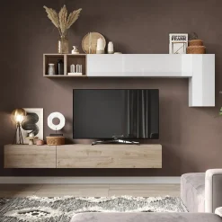 Parete attrezzata sospesa 276x175h cm bianco lucido rovere chiaro Sunset 41