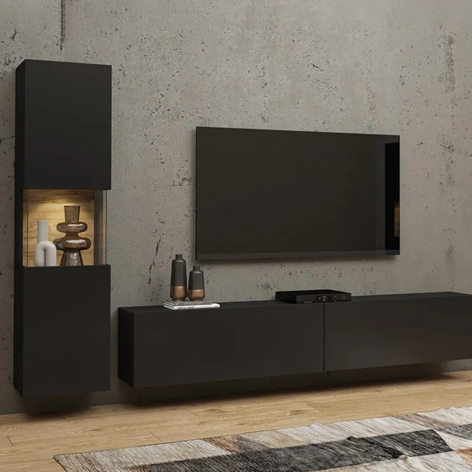 Parete attrezzata sospesa 226x140h cm nero rovere Fusion 1