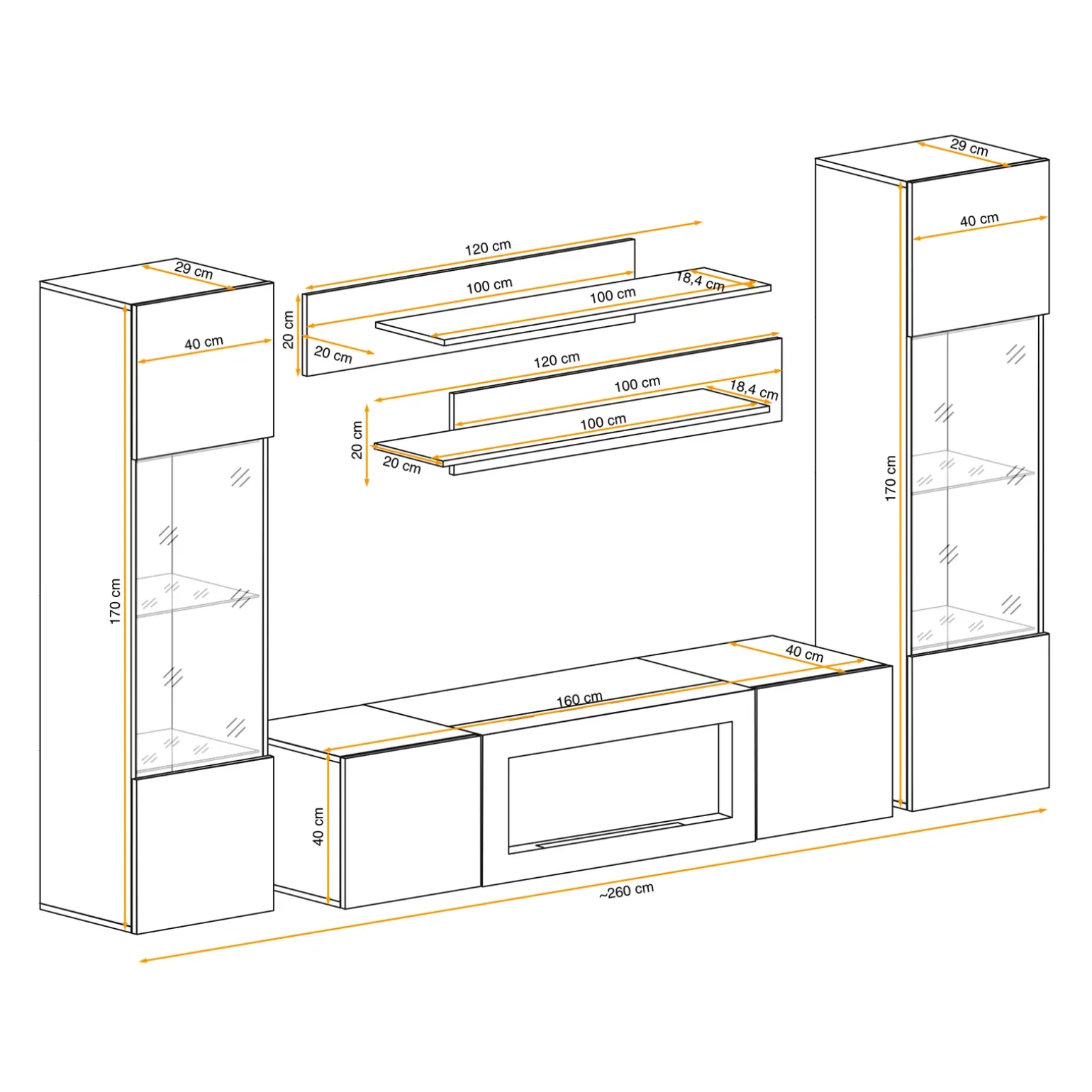 Parete attrezzata sospesa 260x170h cm con biocamino e vetrine bianco M Gihome®