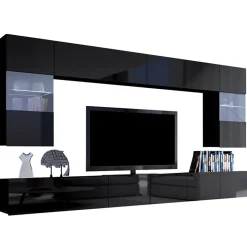 Parete attrezzata sospesa 300x185h cm porta tv con vetrine nero lucido Mons