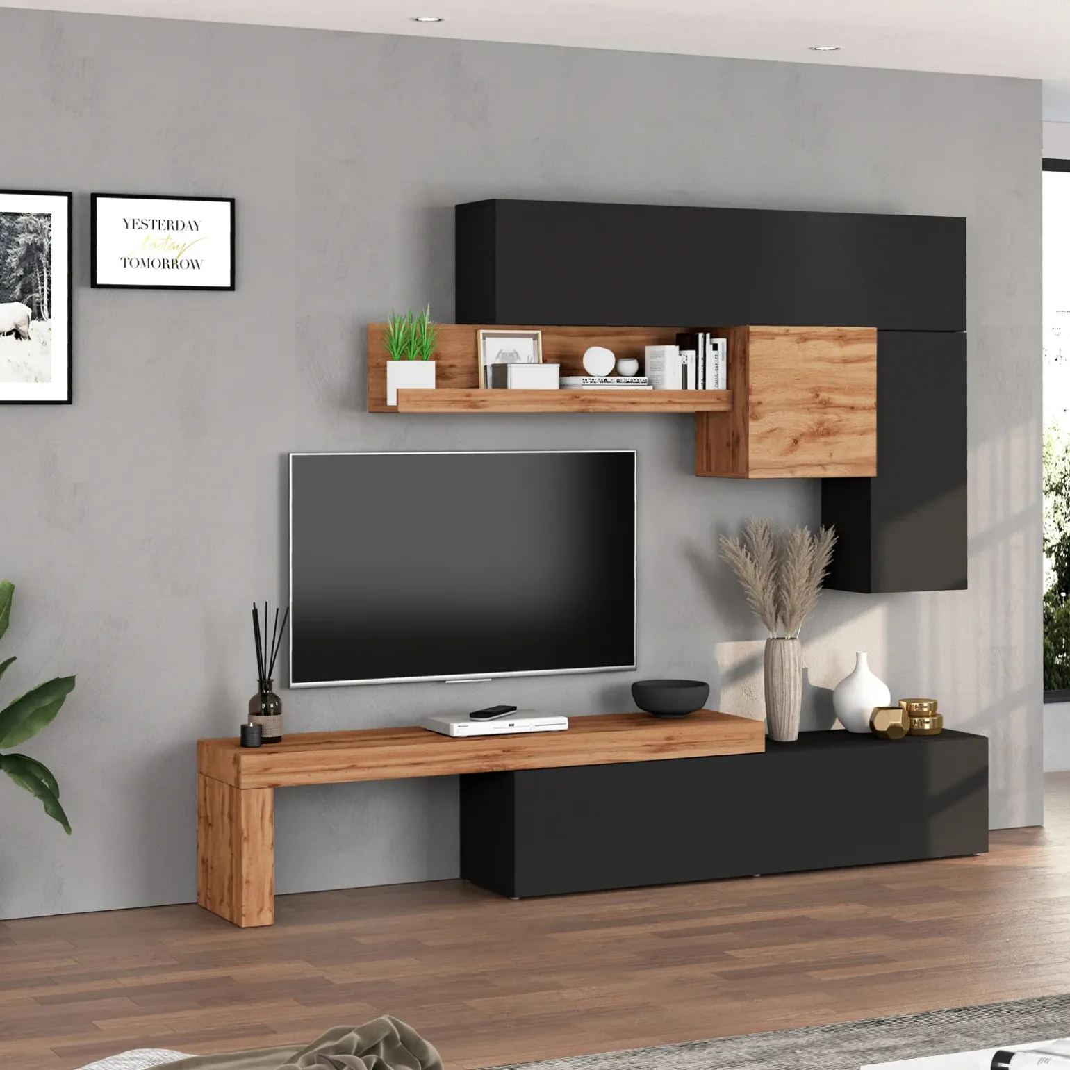 Parete attrezzata 270x200h cm antracite rovere Block 2
