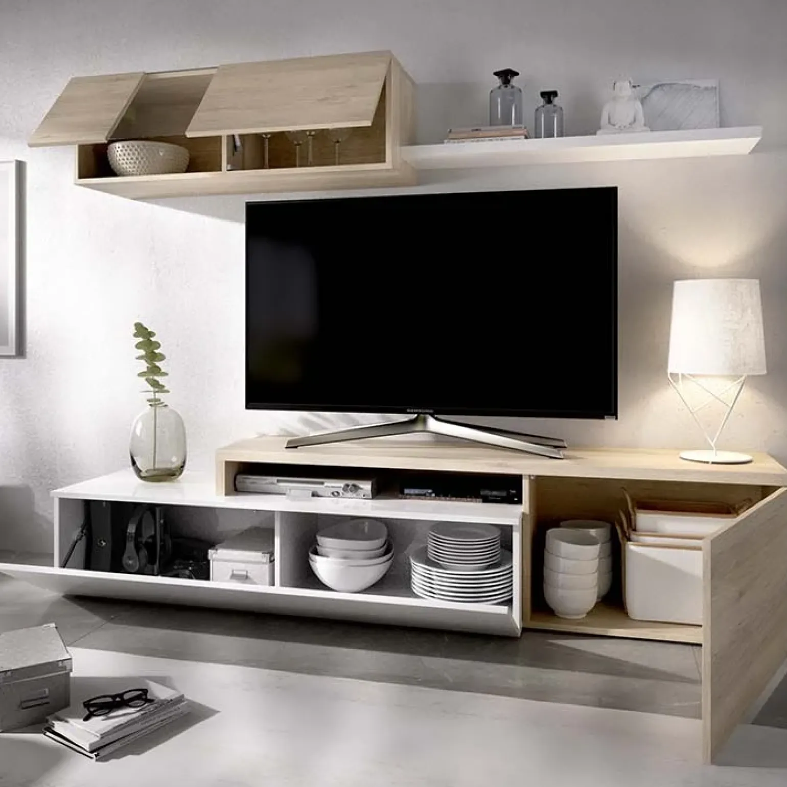 Parete attrezzata 201x143h cm angolare rovere bianco Sahara Gihome®