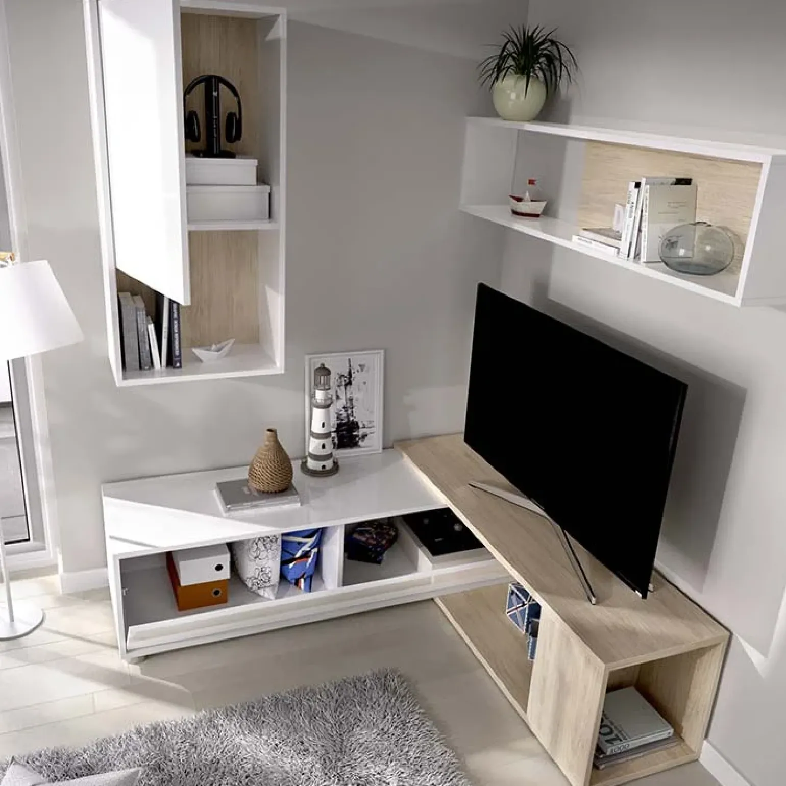 Parete attrezzata 180x220h cm angolare moderna rovere bianco lucido Flip
