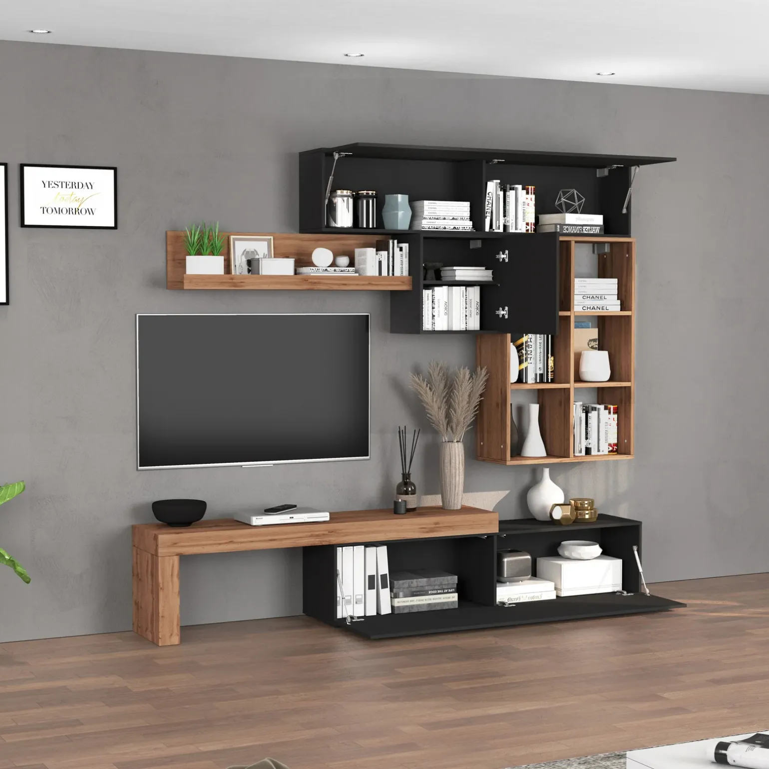 Parete attrezzata 270x200h cm antracite rovere Block 4